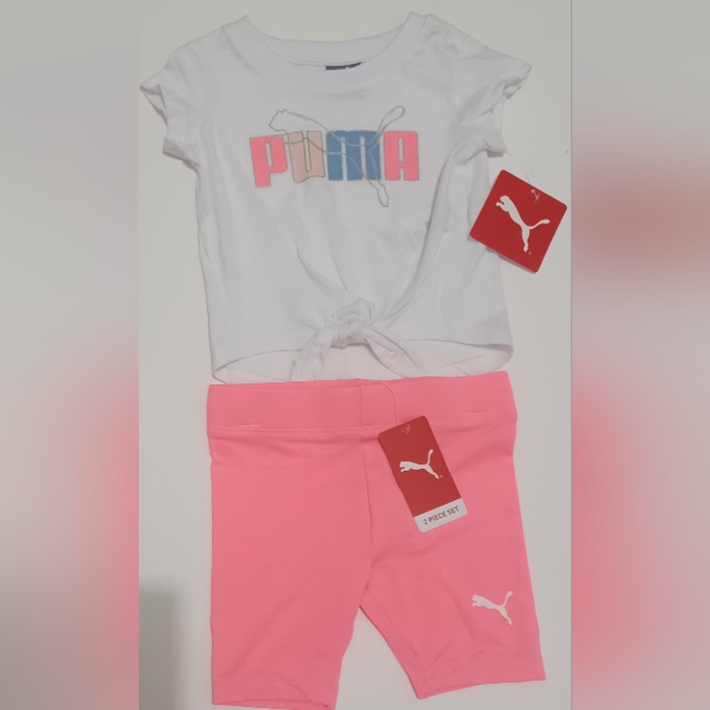 Puma Kids Girl 2 Pcs Brand Logo Tee and Shorts Set, White/Neon Pink Size 12M - Picture 2 of 11